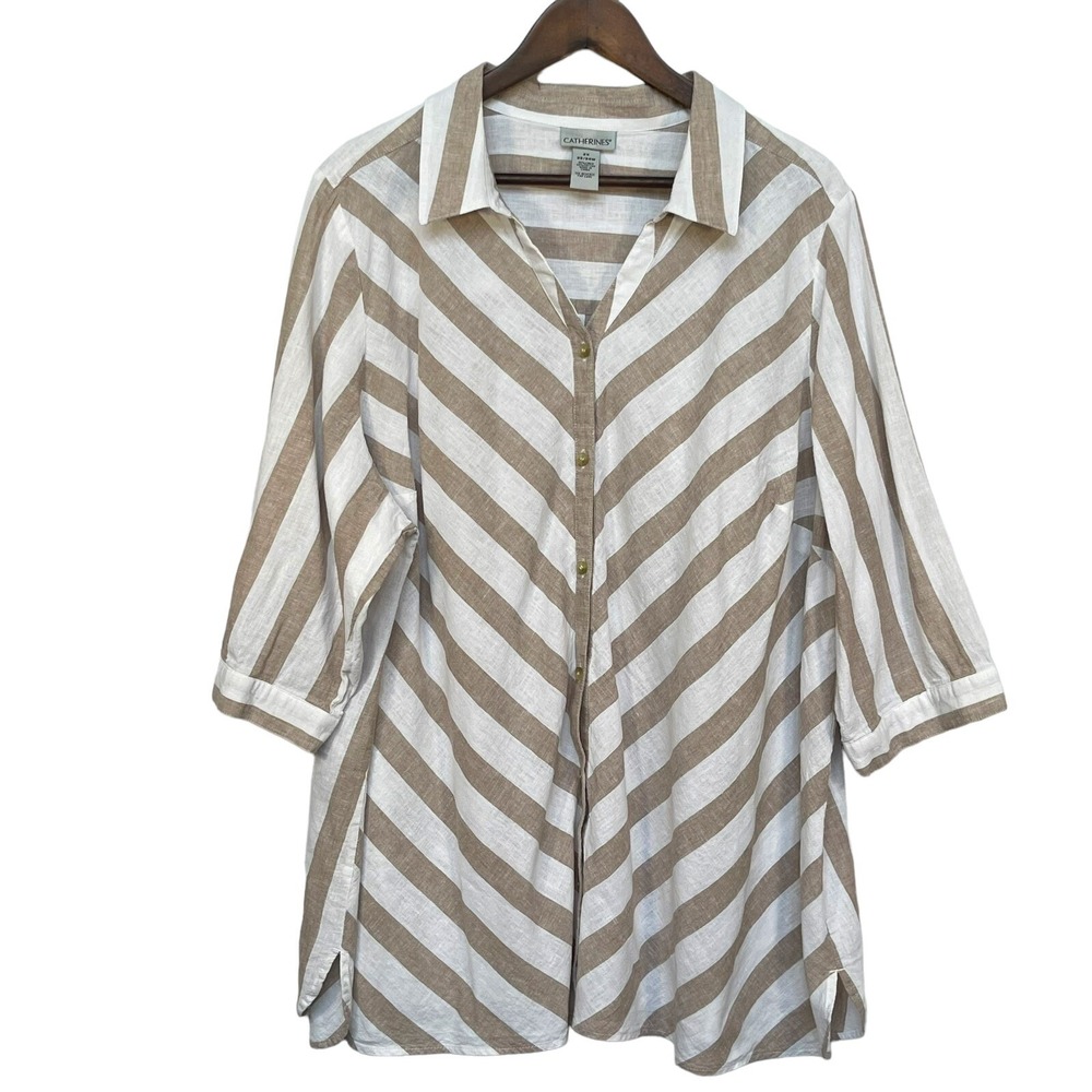 Catherines Button-Up Shirt Women‎ Size 2X Brown Stripe 3/4 Sleeve Curved Hem